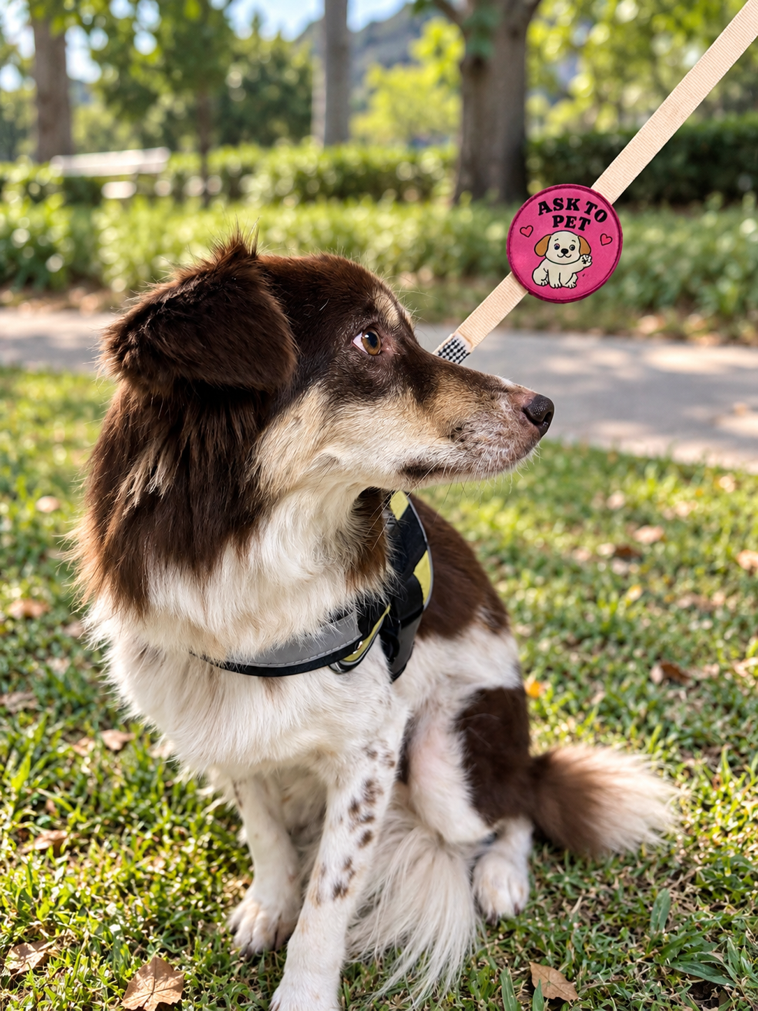 Koko sitting in a park with an Ask to Pet patch on her leash