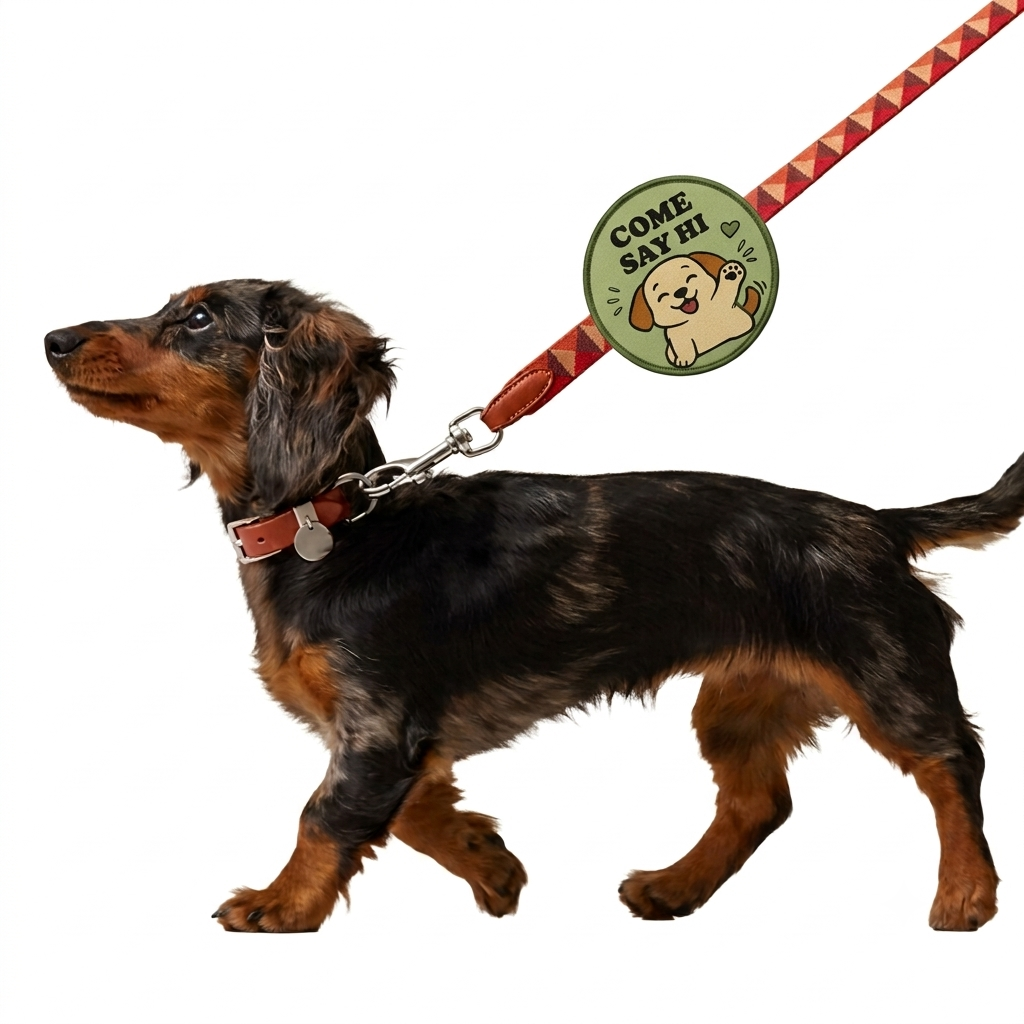 A dog on a walk with an Ask to Pet patch on its leash